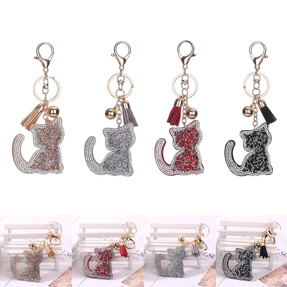 Cute Crystal Rhinestone Cat Keychain PU Leather Tassel Metal Charm