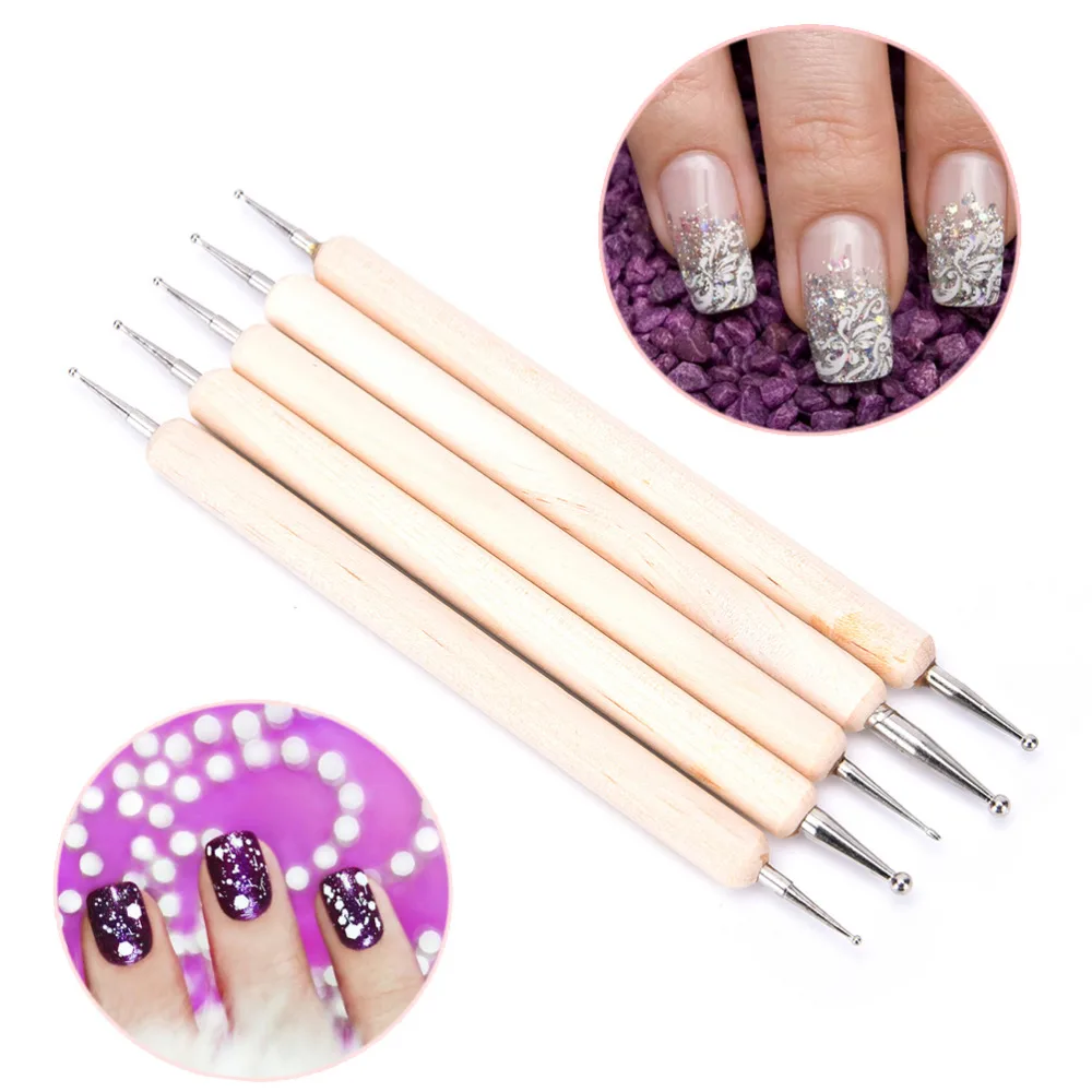 5Pcs 2 Way Nail Art Wood Pen DOTTING Marbleizing Painting Toolnail art