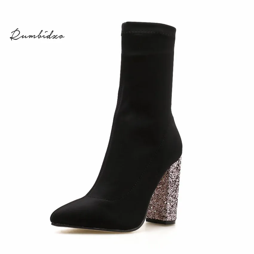 sequin chunky heel boots