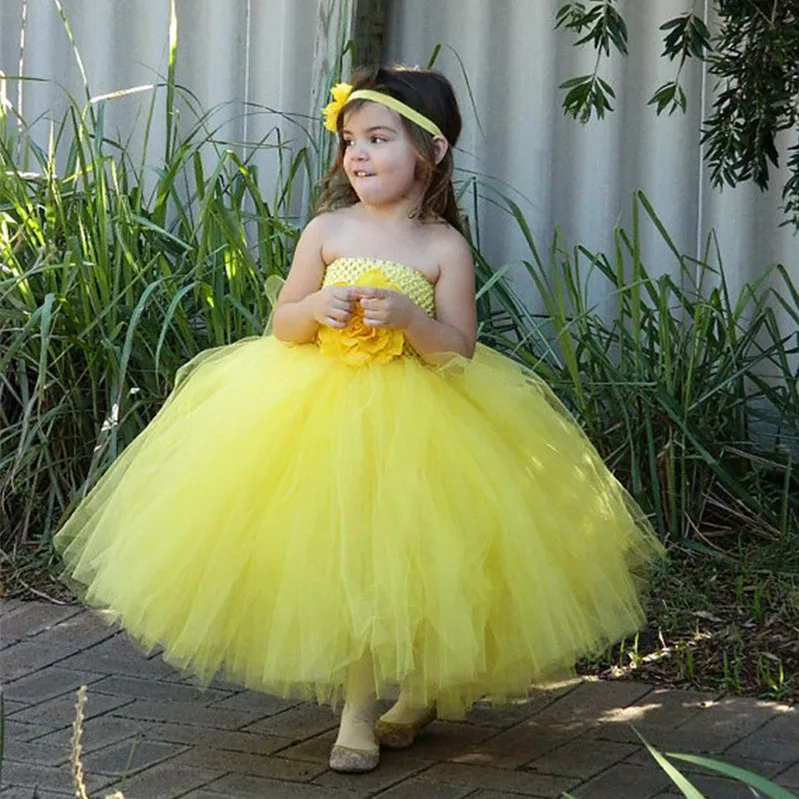Красивое желтое платье-пачка принцессы для маленьких девочек детское Пышное Платье с фатиновой юбкой бальное платье с цветочной повязкой на голову, детское праздничное платье на день рождения