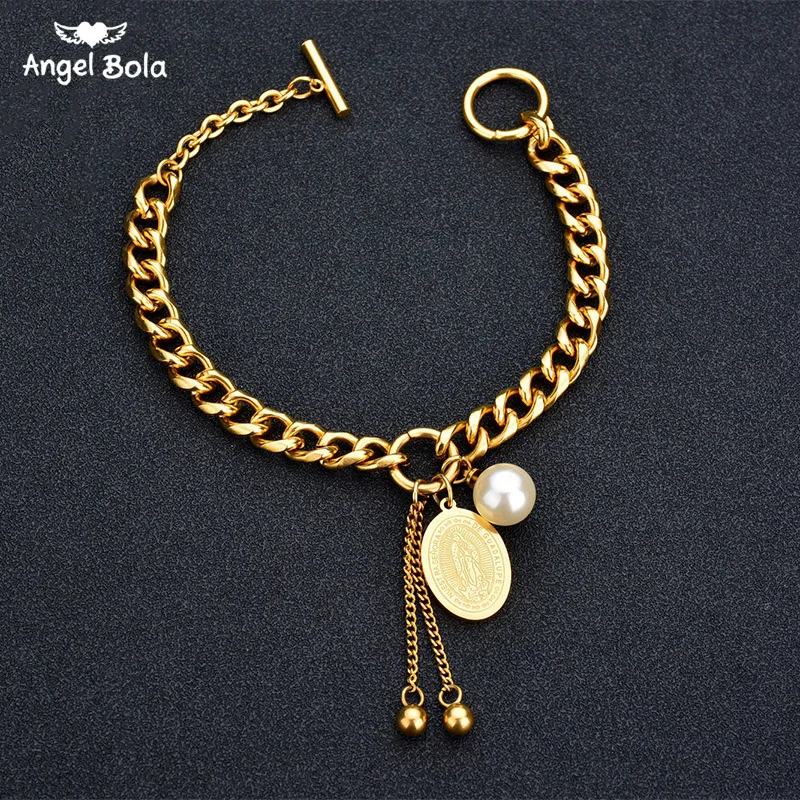 

Luxry Charms Love Jesus Bangle Bracelets Imitation Pearl Beads Extension Stainless Steel Chain Bracelets for Women Gifts