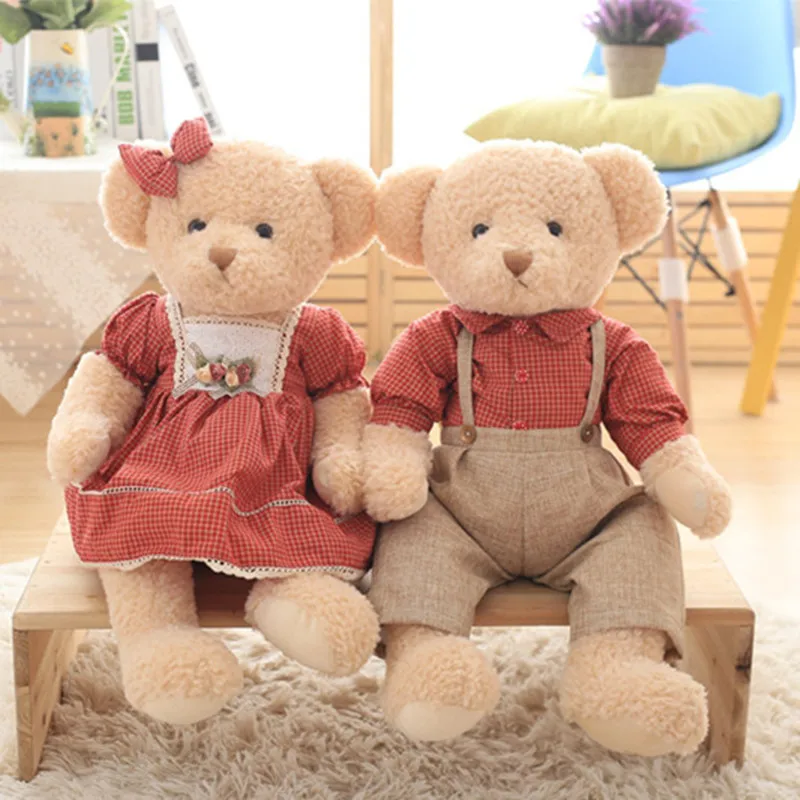 Hot 45cm 2pcs/Set Couple Teddy Bear Plush Toys Kawaii Stuffed Doll With Plaid Clothe Best Birthday Christmas Gift for Boy Girls