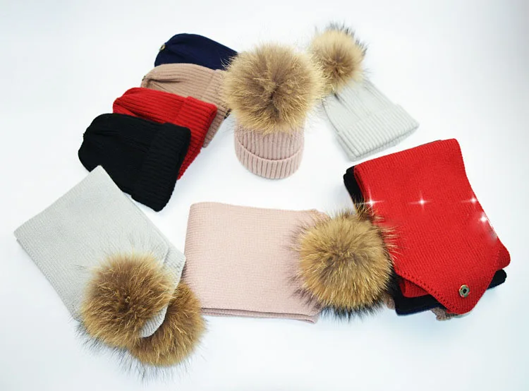 DANKEYISI/Детские Зимние теплые плотные трикотажные лыжные шапочки, шарфы, однотонный шарф с помпонами из натурального меха для мальчиков и девочек
