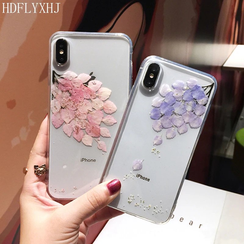 

HDFLYXHJ Handmade Floral Petal Soft TPU Cases For iPhone 6S 7 8 Plus X XR XS Max Dried Real Flowers Clear Pressed Phone Cover