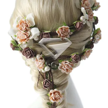 

1Pc Women's Boho Colorful Flower Fabric Crown Headband Round Wedding Floral Adjustable Garland HS0027