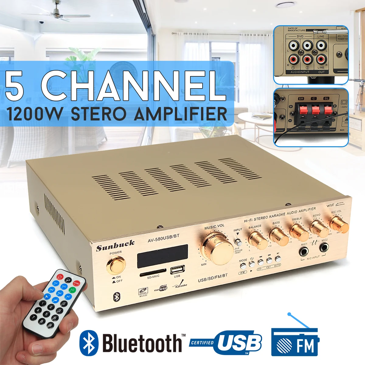 

3* 400W 580BT 5CH 220V Stereo Amplifier Sound Mode Audio Music Booster Card Remote Control Built-in bluetooth Amplifier For home