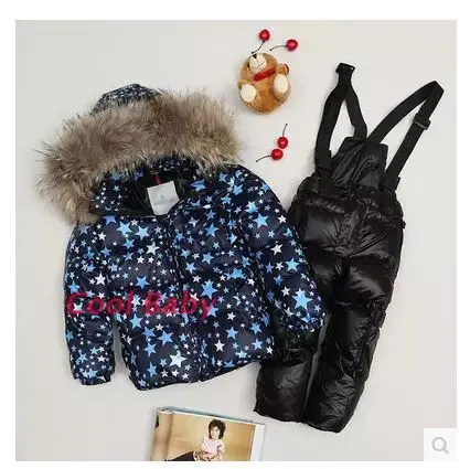 Cheap 2015 new winter European style girls boys HIgh grand down clothing sets kids Star print blue fur jacket overalls brand ski suit