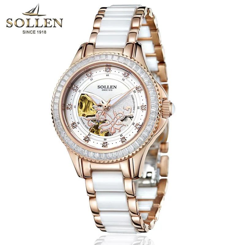 SOLLEN роскошные женские часы Стальные водонепроницаемые часы Керамические розовое золото ремешок автоматические механические часы для девочек Relogio Feminino