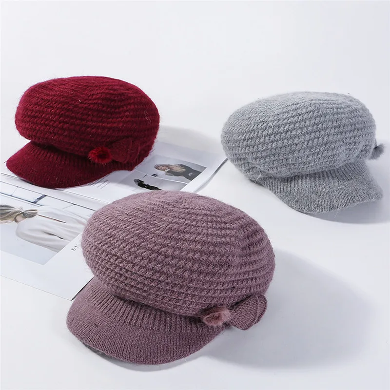 USPOP New winter caps women knit octagonal hat thick warm velvet lining knit hats solid color newsboy caps berets mom caps