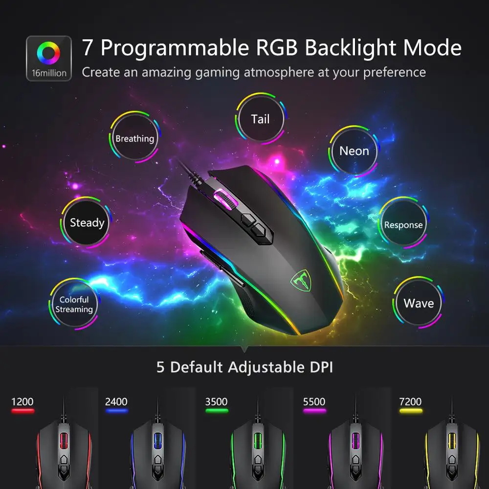 Проводная игровая мышь VicTsing RGB 8 программируемых кнопок оптическая 7200 DPI 7 режимов