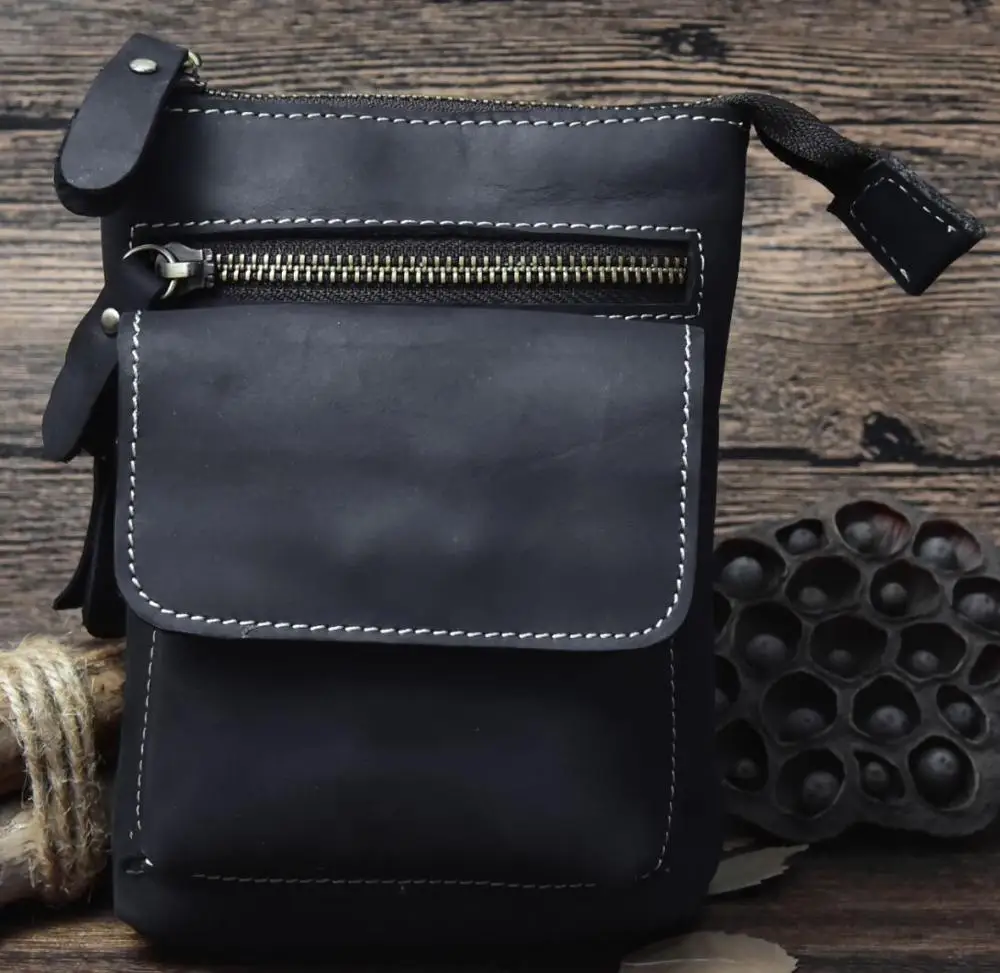 Винтажная Повседневная многофункциональная сумка из натуральной кожи, мужская сумка на пояс, сумка-Органайзер для телефона, сумка-мессенджер на плечо 1127 - Цвет: Black