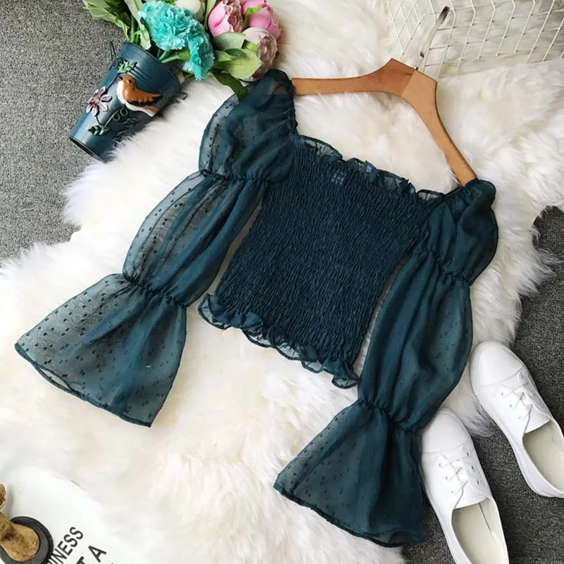 

Summer Sunscreen Chiffon Shirts Blouse 2019 Ruffle Elastic Waist Puff Sleeve Short Crop Tops Lady Holiday Shirts Blouse Spring