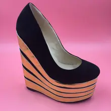 Comfortable High Heel Wedge Shoes Women Pumps Slip-on Round Toe Thick Platform Pumps 43 Real Image Sapato Feminino Plataforma