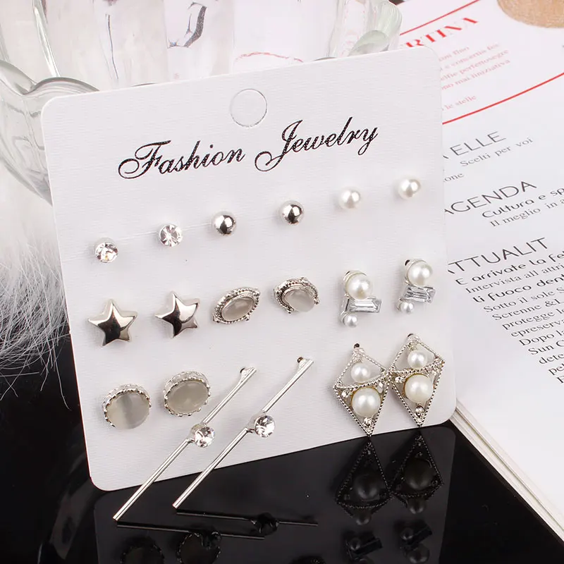 

F&U 9 Pairs/Set Stars & 4 Other Shapes Women Bohemian Earring Stud Vintage Alloy Rhinestone pearl Earring Studs Charm for Women