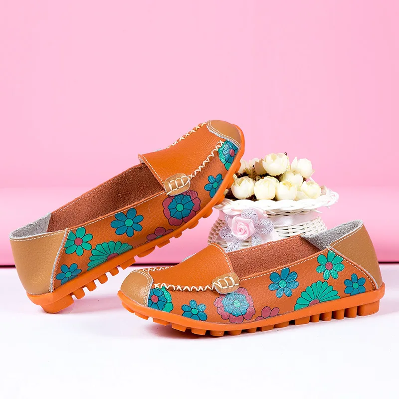 

New Floral Print Spring Concise Women Genuine Leather Slip-on Soft Boat Casual Shoes Female Loafers Ballerina Round Toe Flats