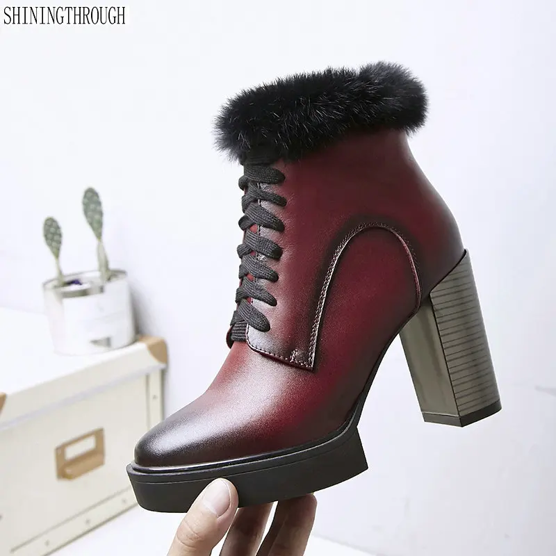 

100% cow leather lace up Women Boots Platforms Square high Heel snow Boots Cow Leather Motorcycle Lady Ladies Shoes