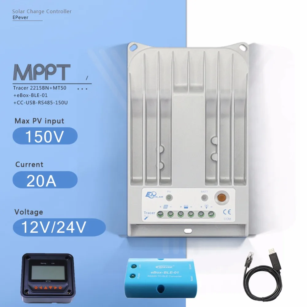 

Tracer 2215BN MPPT 20A Solar Charge Controller 12V 24V Auto solar Charge Regulator with MT50 Meter Ebox BLE Module and USB Cable