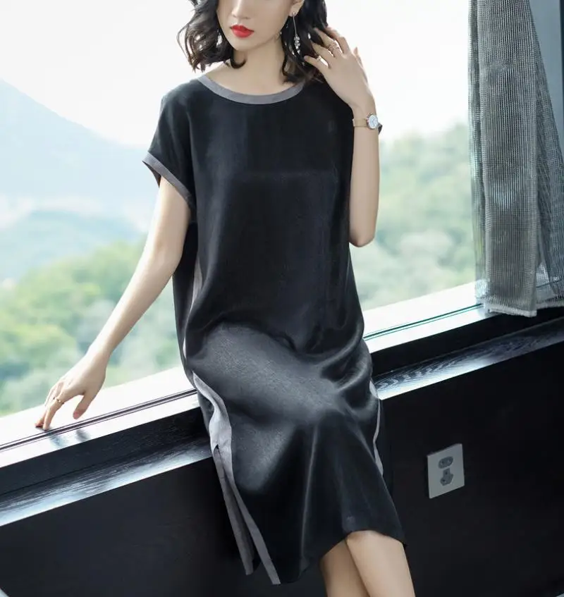 2018 Summer New Style Simple Fashion  Stripes Soft 100% Real Silk Straight Dress Female Casual Loose Short Sleeve Dress
