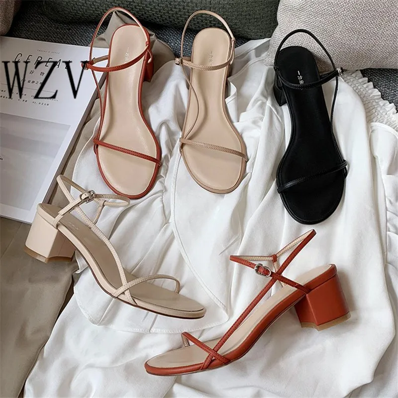 

Summer 2019 Womens Sandals Solid Open - Toe Heels Fashion Narrow Band Buckle Strap Block Heel Shoes Womens Shoes F153