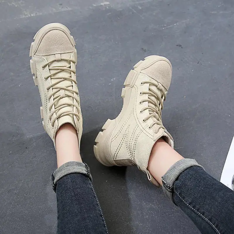 

Women Shoes 2018 Autumn Winter New British Style Short Boots Thick Bottom Casual Lace Up Women Canvas Ladies Boots