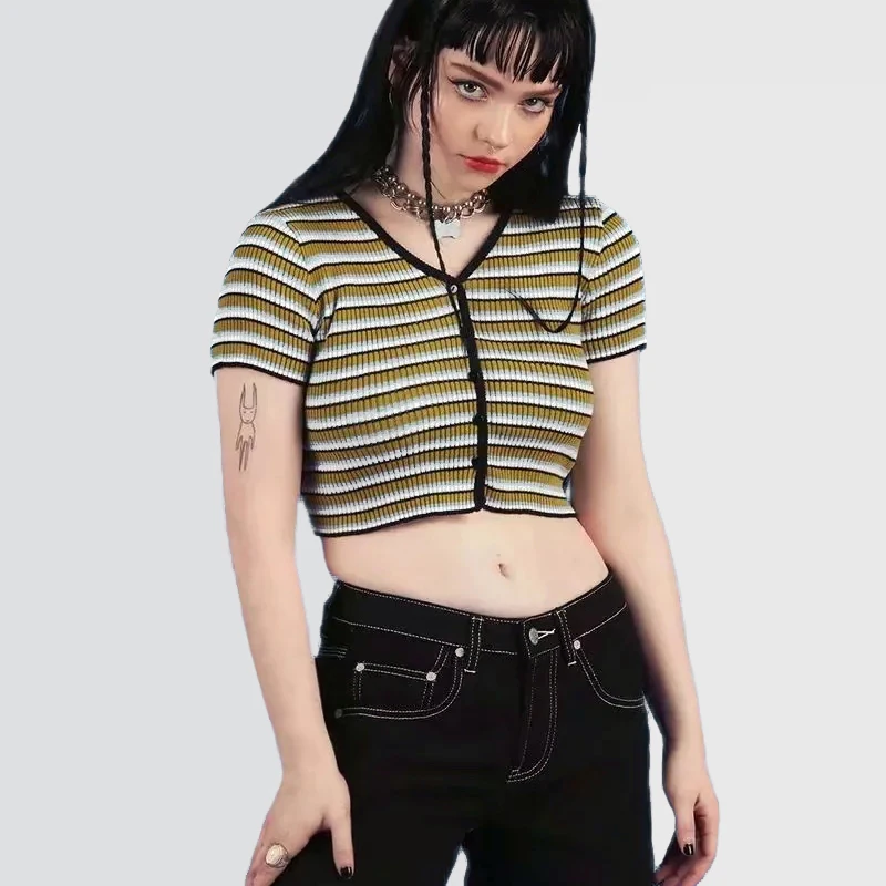 

2019 Women V Neck Button Up Knit Top Cropped Cardigans In Green Stripes with Buttons Crop Knit Jumpers 8 Colors