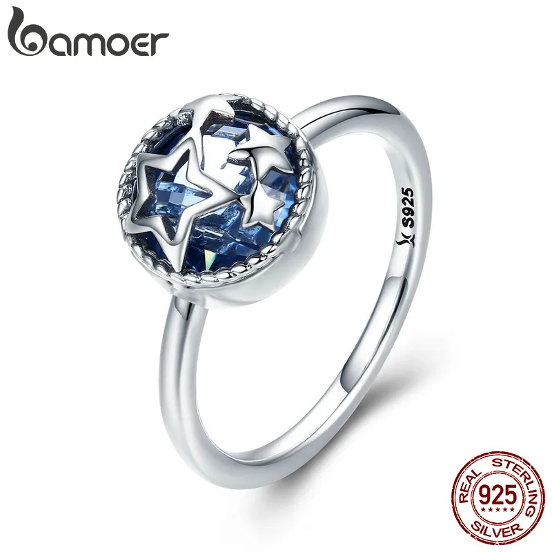 

BAMOER Authentic 925 Sterling Silver Dazzling Star Blue Crystal CZ Finger Rings for Women Wedding Engagement Jewelry Gift SCR290