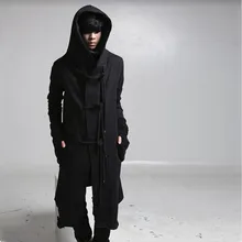 Зимняя Мужская льняная Длинная толстовка в стиле хип-хоп с капюшоном, плащ с капюшоном для ночного клуба, DJ, певица, панк-рок, сценический костюм, флисовые толстовки