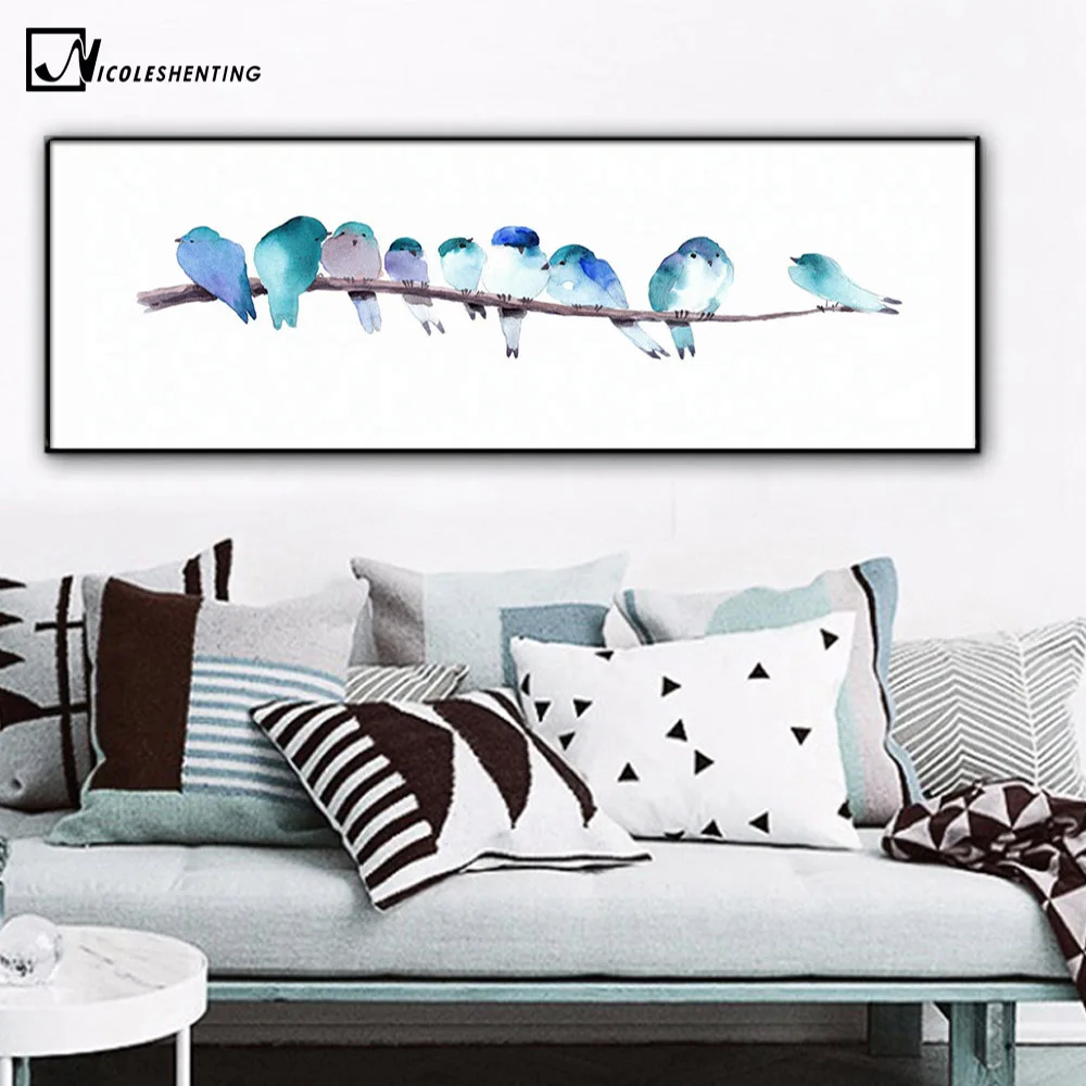 Watercolor Birds Canvas Poster Long Banner Minimalist Wall Art Prints for Kids
