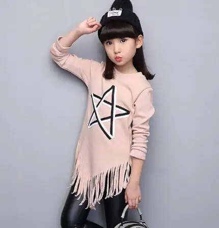 Spring Teenagers T-Shirts Tassel Girls Tops Tee Long Sleeve 8 10 12 13 Years Clothes For Girl School Kids Fashion Clothing