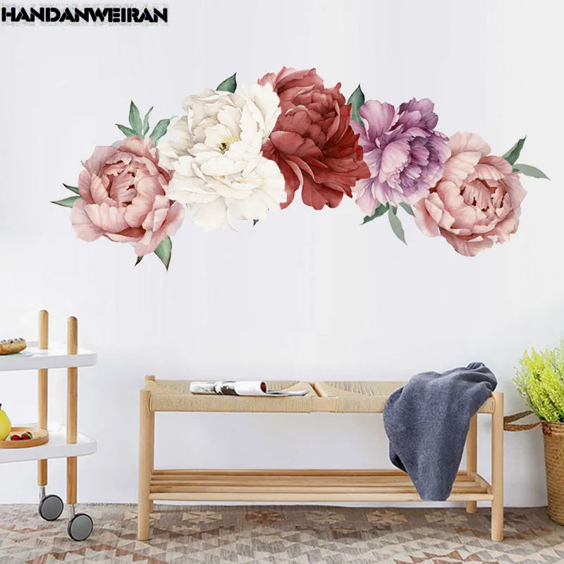 

1PCS 3D Peony Rose Flowers Wall Stickers Color Vintage Wallpaper For Bedroom Living Room Decals Mural Home Decor kid Girls Gift