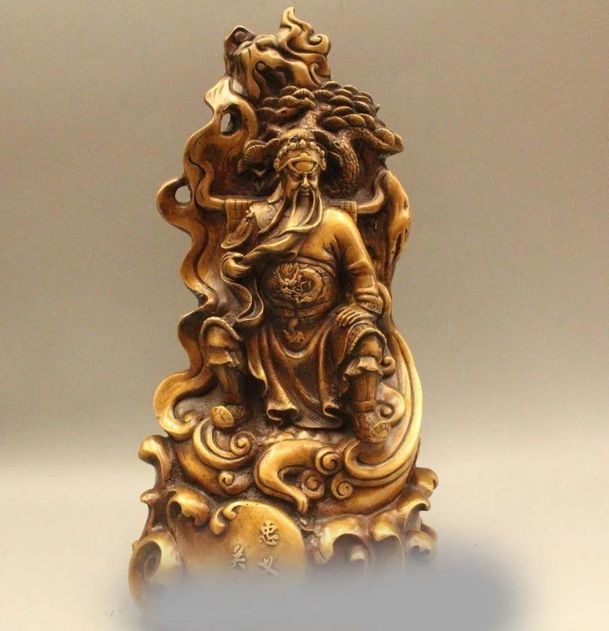 

15" Chinese Folk Brass Seat General Guan Gong Yu Warrior God Broadsword Statue