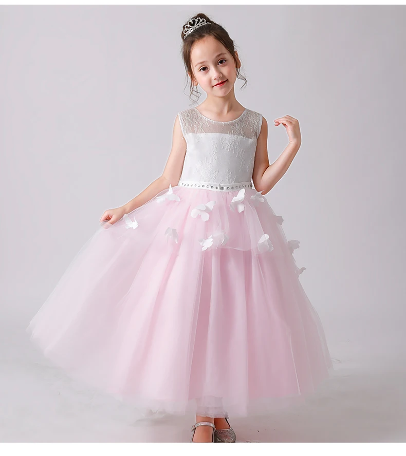 

Elegant Girl Summer Clothes Pink Lace Princess Dress Bead Appliques Wedding Christening Gown Girl Party First Communion Dress