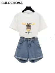 Повседневные женские комплекты из двух предметов футболка с короткими рукавами и принтом топы + короткие джинсовые комплекты 2019 летние