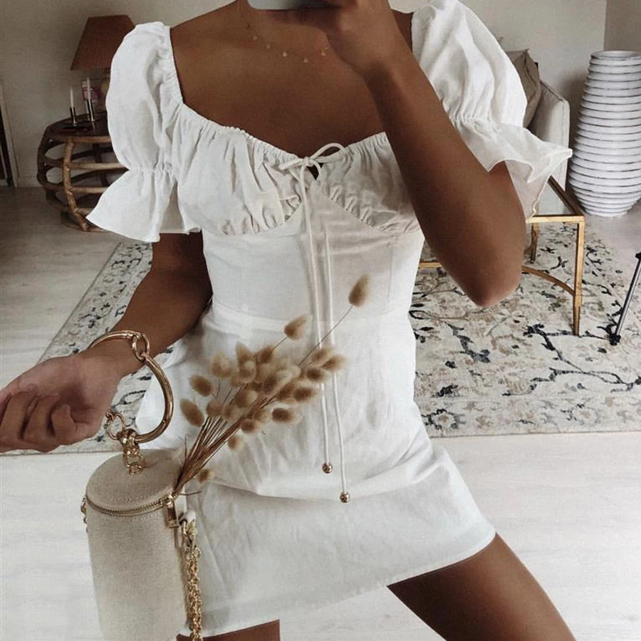 

Dress Women Cotton White Summer Dress Lace Up Short Sleeve Slash Neck Slim Sexy Elegant 2019 Streetwear Mini Dresses With Lining