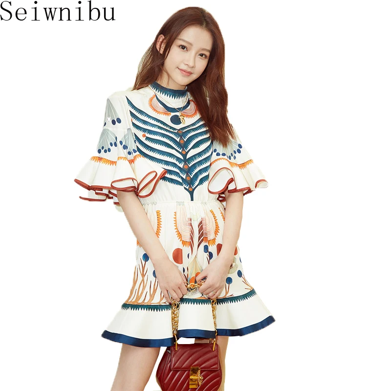 

Seiwnibu elegant women floral print chiffon dress summer high waist fashion lady's A-Line loose Flare Sleeve dresses