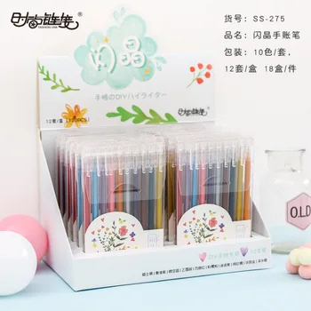 

New cute Korean school student colorful clitter highlighter marker pens set stationery cute kids drawing art supplies 10 colors