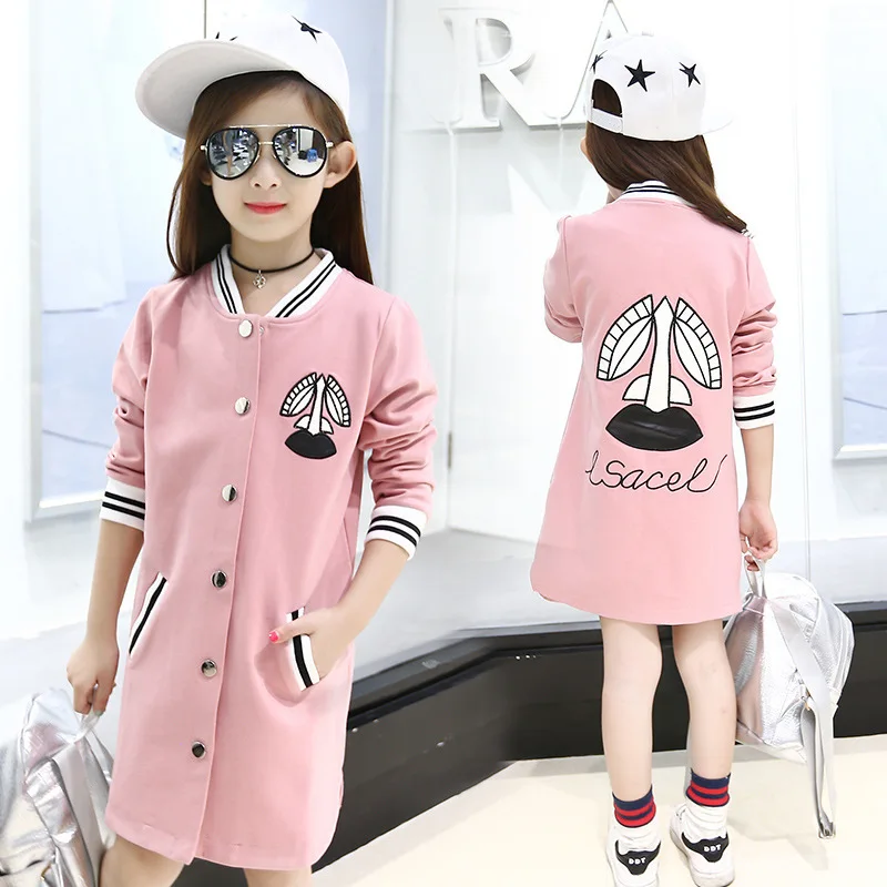

2018 Spring And Autumn Pattern Girl Child Fashion Solid Color Long Embroidery Baseball Loose Coat