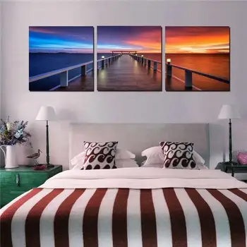 

3 Panel Home Modern Decor Paintings Morning Sunrise On Sea Bridge Canvas Prints Picture Beautiful Time Wall Art For Bedroom
