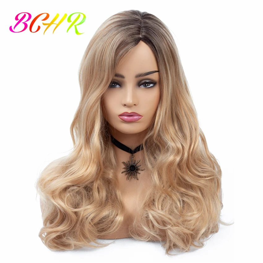 

BCHR Long Wave Ombre Wig Side Part Blonde Wig Synthetic Wig for Women Dark Root Gold Hair for Wedding Party