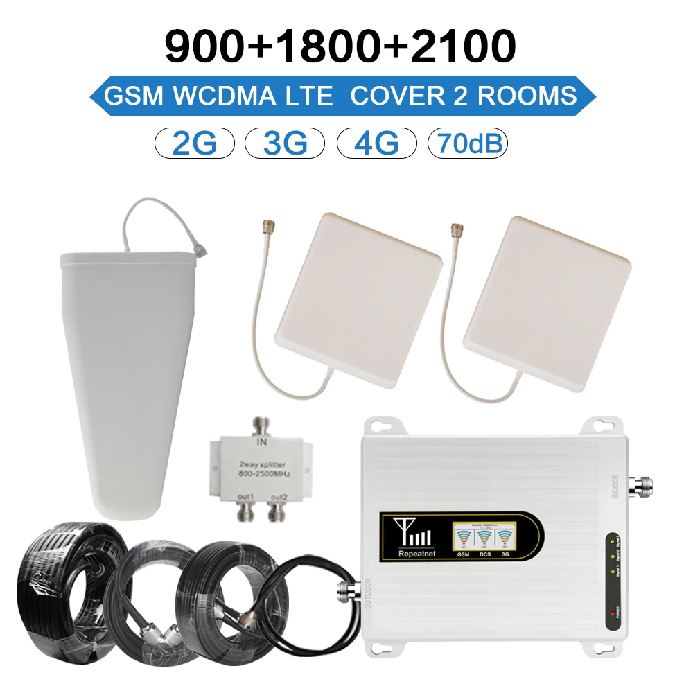 

Mobile Tri Band Amplifier 900 1800 2100 GSM Repeater DCS WCDMA 2G 3G 4G LTE Cellular Signal Booster Cover 2 Rooms 70dB Gain Set