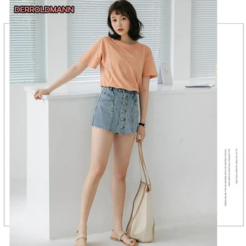 

Jeans High Waist Denim Skirts with Pockets Button Ribbons Soft Women Skirts mini Trousers