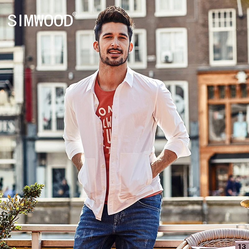 SIMWOOD рубашка для мужчин 2019 Весна Новый Повседневное карман белые рубашки мужской