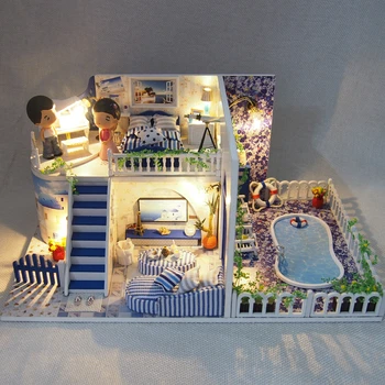 

Santorini Villa diy Miniature Wooden Dollhouse LED Lights Simulation Model Dollhouse Kits