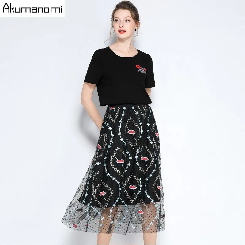 

2 Piece Set Women 2019 Plus Size Summer O-Neck Short Sleeve Appliques Tshirt Floral Mesh Skirt Suits Twe Piece Set Free Shipping