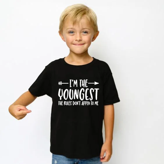 

I'm The Youngest The Rules Don't Apply To Me Children Letter Print T-shirts Toddler Kids Summer Short Sleeve Boy Girls Tshirts