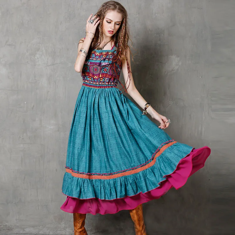 

Youth fashion brand cotton and linen lotus leaf spring summer and autumn ladies long retro custom printed vest dress women
