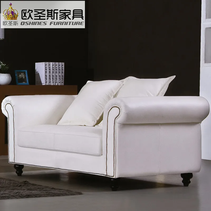 luxury classical american style pure white 8 seater office or home genuine leather sofa with fabric cushions and copper nail W86