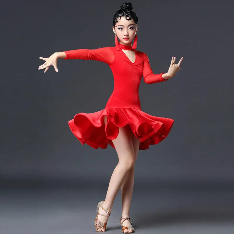 Бальные платья, платье для девочек для танцев, Детские платья для латинских танцев, юбка для сальсы, танцевальная одежда для латинских танцев для девочек, Румба - Цвет: red