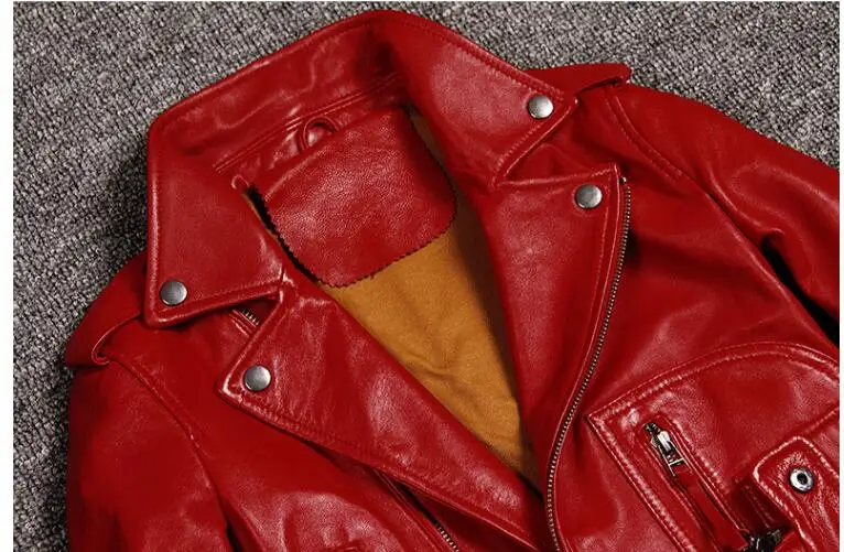 Genuine Leather Jacket Coat Women Real Sheepskin Motorcycle Biker Leather Jacket Slim Fit Female Ladies Outerwear Red Black