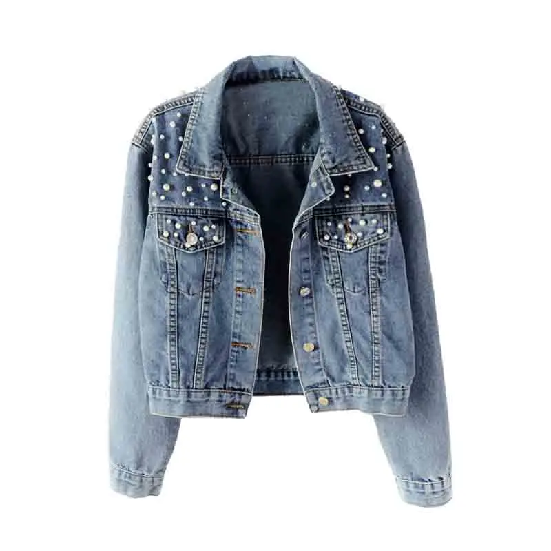 Pearls Beading Ripped Denim Jacket Women Single Breasted Vintage Spring Jean Jackets and Coats 